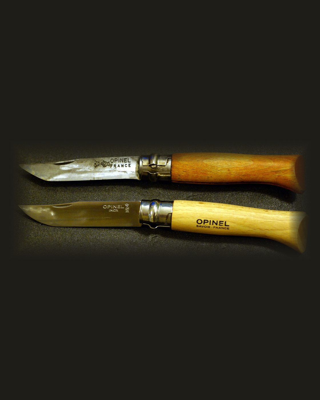 Two Opinel No. 8 knives, one carbon steel and one stainless